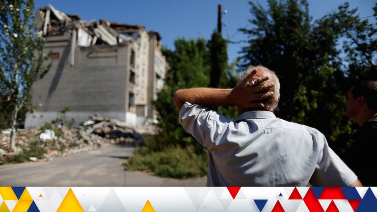 62-year-old Ukrainian Arkadii looks at his destroyed house, as Russia&#39;s attack on Ukraine continues, in Toretsk, Donetsk region, Ukraine August 22, 2022. REUTERS/Ammar Awad