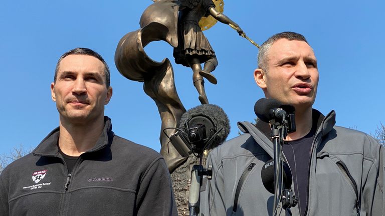 Oleksandyr Usyk says he decided to go back in the ring after talking to Vitali Klitschko and his brother Wladimir, pictured here in Kyiv in March. Pic: AP