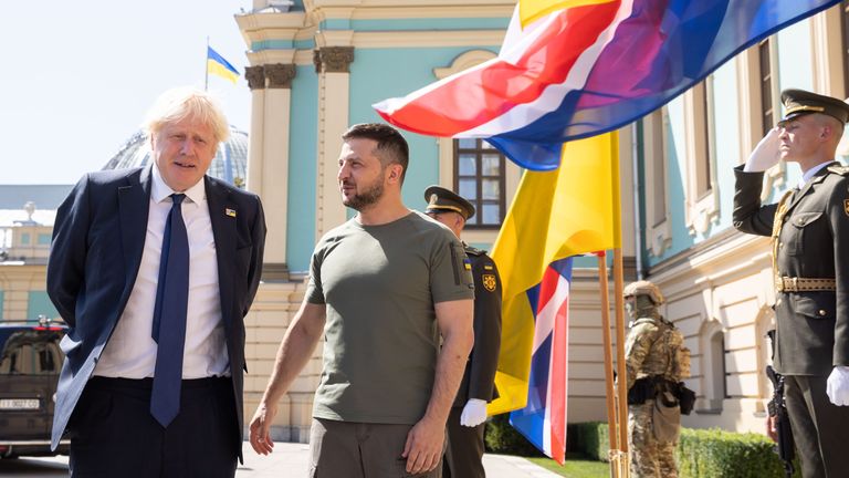 Handout photo issued by the Ukrainian Presidential Press Office of Ukrainian President Volodymyr Zelensky (right) meeting Prime Minister Boris Johnson, who has made a surprise visit to Volodymyr Zelensky in Kyiv in support of Ukraine as it marks 31 years of independence from the Soviet Union. Picture date: Wednesday August 24, 2022.

