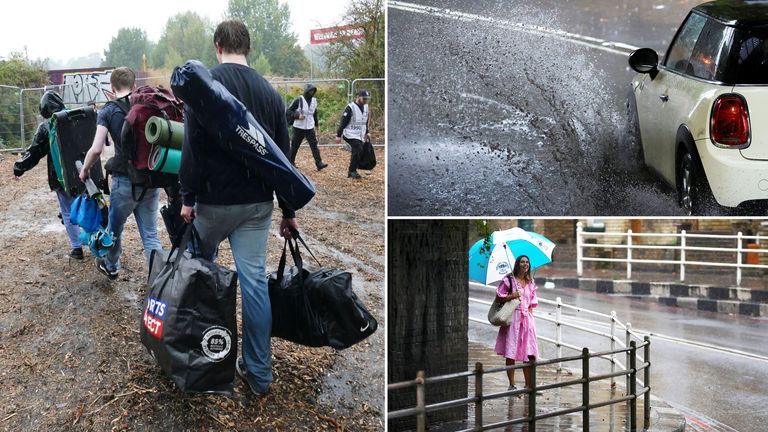 People arrive at Reading festival as London is hit by torrential rain