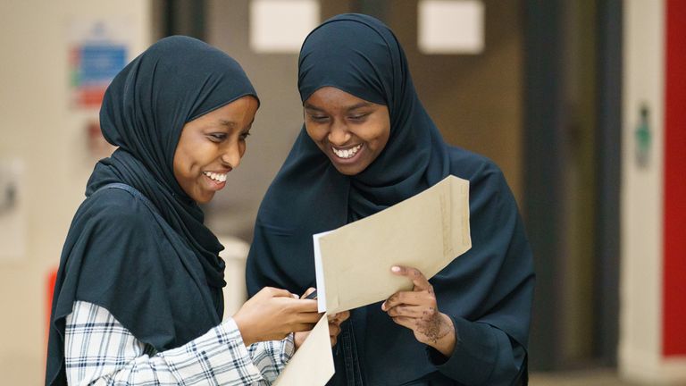 Yasmin Adan (left) and Asmaa Ali receive their A-level results at Oasis Academy Hadley, Enfield, north London. Picture date: Thursday August 18, 2022.

