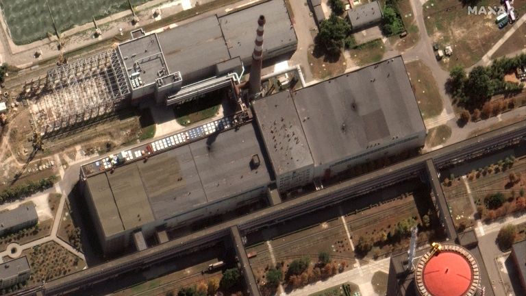 Satellite images appear to show holes in the roof of the power station. Pic: Maxar Technologies/Reuters