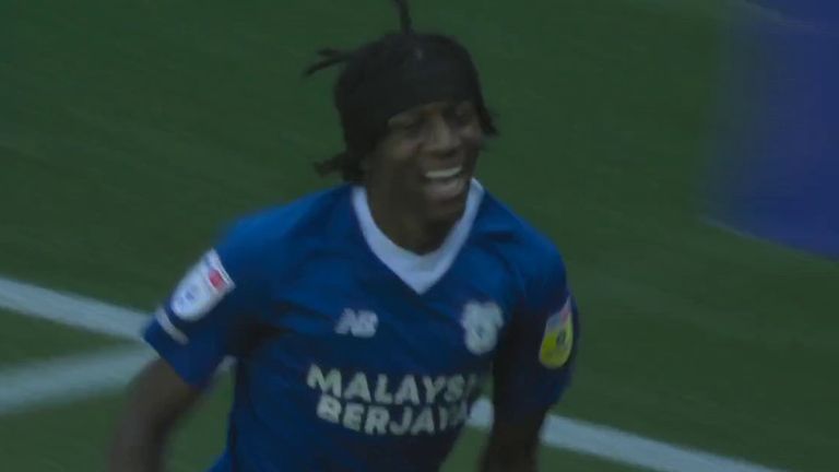 Jaden Philogene celebrates after putting Cardiff in front against Birmingham
