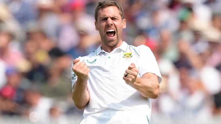 South Africa&#39;s Anrich Nortje celebrates taking the wicket of England&#39;s Jonathan Bairstow during the first day of the test match between England and South Africa at Lord&#39;s cricket ground in London, Wednesday, Aug. 17, 2022. 