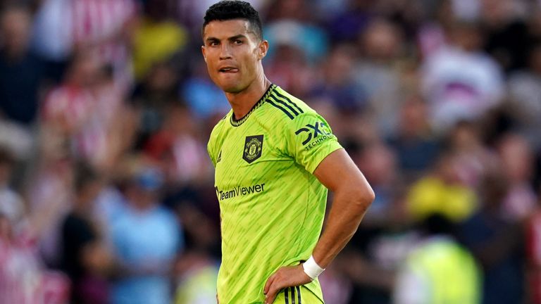 Manchester United&#39;s Cristiano Ronaldo dejected at the end of the match during the Premier League match at the Gtech Community Stadium, Brentford. Picture date: Saturday August 13, 2022.