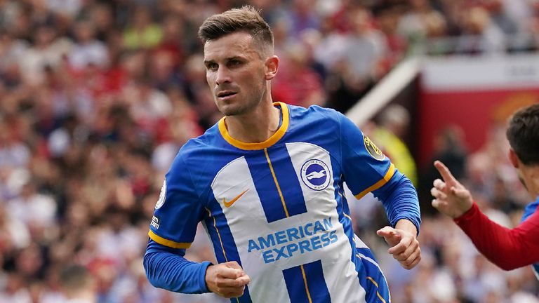 Brighton&#39;s Pascal Gross celebrates after scoring against Manchester United