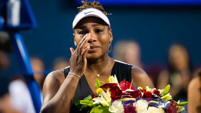 Serena Williams reacts during a post-match ceremony after losing to Belinda Bencic of Switzerland on Day 5 of the National Bank Open, part of the Hologic WTA Tour, at Sobeys Stadium on August 10, 2022 in Toronto, Ontario. (Photo by Robert Prange/Getty Images)