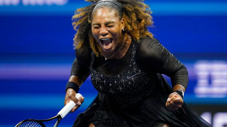 Serena Williams, of the United States, reacts during the first round of the US Open tennis championships against Danka Kovinic, of Montenegro, Monday, Aug. 29, 2022, in New York. (AP Photo/Charles Krupa)