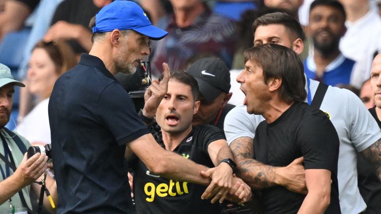 Thomas Tuchel gestures as he and Antonio Conte clash after the final whistle at Stamford Bridge