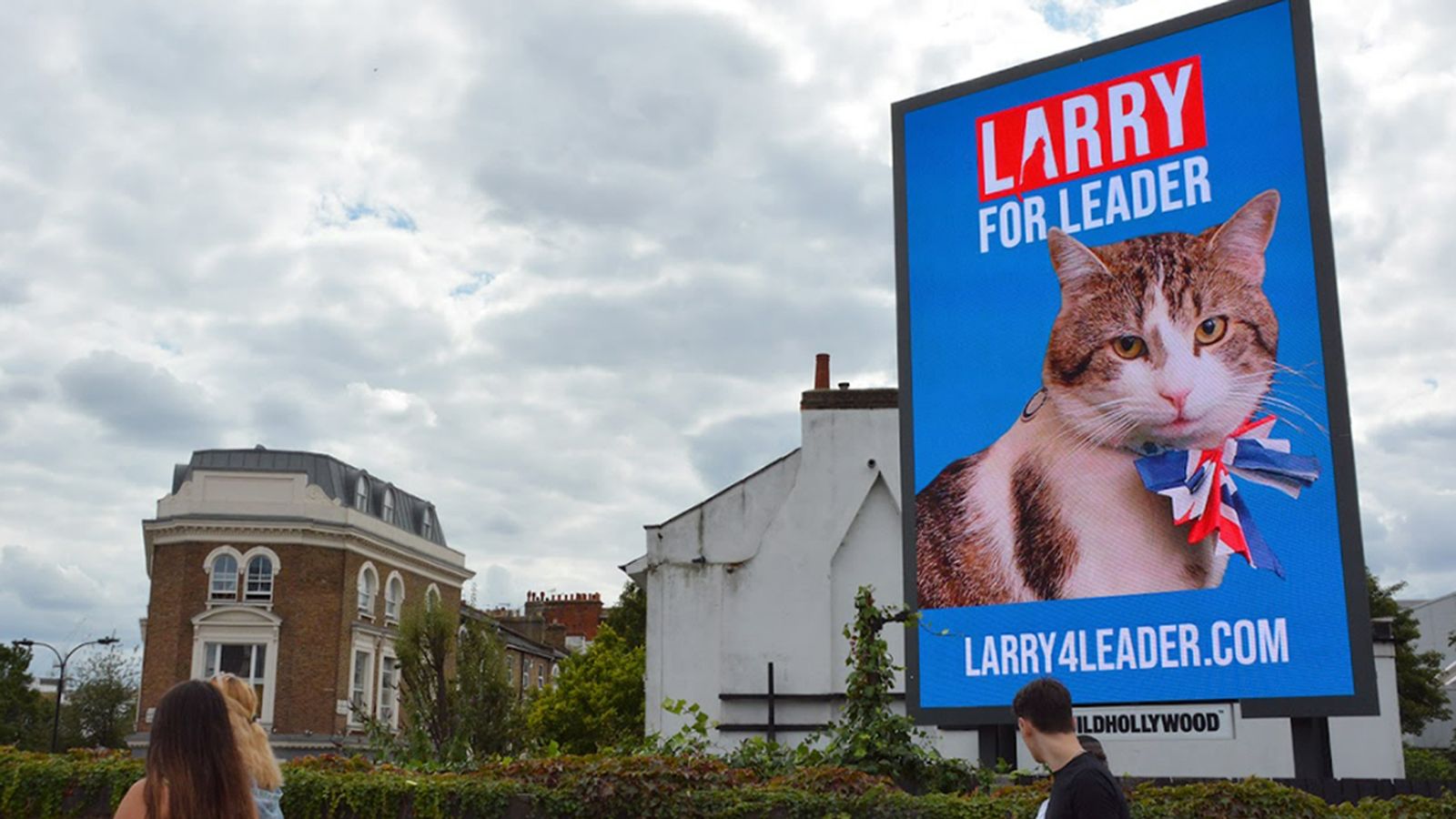 Billboards appear of Larry the cat launching lastminute leadership bid