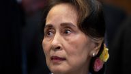 FILE - Myanmar&#39;s leader Aung San Suu Kyi waits to address judges of the International Court of Justice in The Hague, Netherlands, Dec. 11, 2019. Myanmar...s ousted leader Aung San Suu Kyi has testified in a prison courtroom in the capital Naypyitaw for the first time in her official secrets case. Suu Kyi, who has been detained since her government was ousted last year by the military, is being tried with  Australian economist Sean Turnell and three former Cabinet members on the same charge, which is punishable by up to 14 years in prison. (AP Photo/Peter Dejong, File)