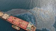 An aerial view shows the half-sunk cargo ship OS 35 in Catalan Bay after its collision on Wednesday with an LNG tanker near Gibraltar, September 1, 2022. Gibraltar Government/Handout via REUTERS ATTENTION EDITORS - THIS IMAGE HAS BEEN SUPPLIED BY A THIRD PARTY. NO RESALES. NO ARCHIVES.
