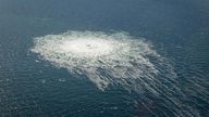Gas bubbles from the Nord Stream 2 leak reaching surface of the Baltic Sea in the area shows disturbance of well over one kilometre  diameter near Bornholm, Denmark, September 27, 2022.  Danish Defence Command/Handout via REUTERS 
THIS IMAGE HAS BEEN SUPPLIED BY A THIRD PARTY. 