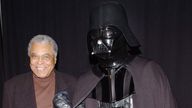 James Earl Jones, poses with Star Wars character Darth Vader at the premiere of the film "Star Wars Episode II Attack of the Clones" at the TriBeCa Film Festival in New York May 12, 2002