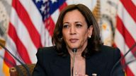 FILE - Vice President Kamala Harris listens during a meeting with civil rights and reproductive rights leaders in the Diplomatic Reception Room on the White House complex in Washington, Sept. 12, 2022. Two buses of migrants from the U.S.-Mexico border were dropped off near Harris&#39; home in residential Washington on Thursday, Sept. 15. (AP Photo/Susan Walsh, File)