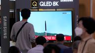 A TV screen shows a file image of a North Korean missile launch during a news program at the Seoul Railway Station in Seoul, South Korea, Wednesday, Sept. 28, 2022. North Korea fired a ballistic missile toward its eastern waters on Wednesday, South Korea&#39;s military said, a day before U.S. Vice President Kamala Harris is to visit the South. (AP Photo/Ahn Young-joon)