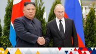  Russian President Vladimir Putin, right, and North Korea's leader Kim Jong Un shake hands during their meeting in Vladivostok, Russia, April 25, 2019 PIC:AP