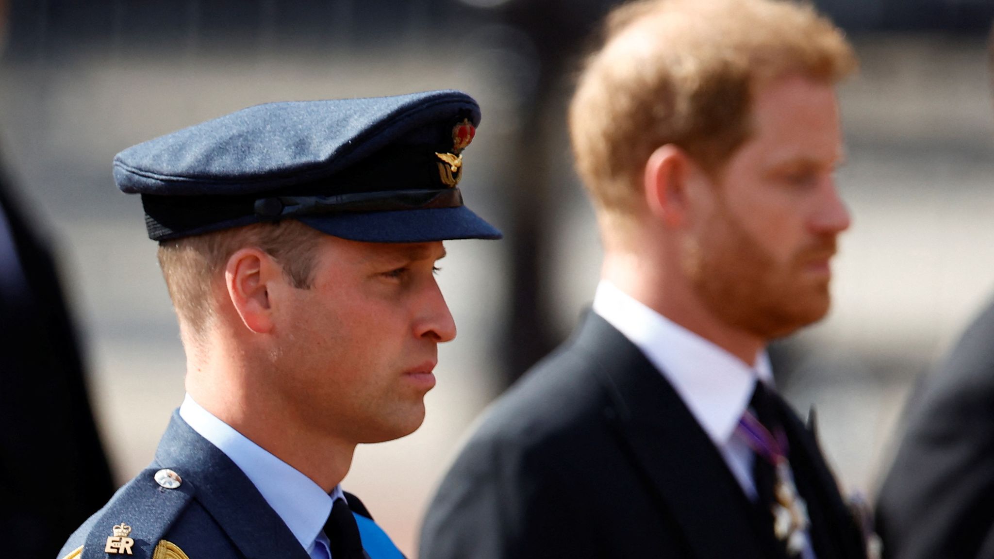 Britain&apos;s William, <b>Prince</b> of Wales and <b>Prince</b> <b>Harry</b> march during a pro...