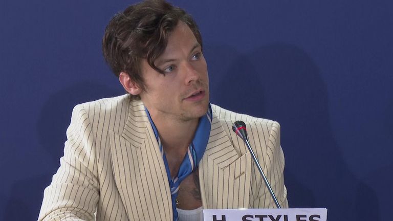 Harry Styles joined director Olivia Wilde and co-stars Gemma Chan and Chris Pine to talk to journalists about the movie, which is showing out of competition at the Venice International Film Festival.  