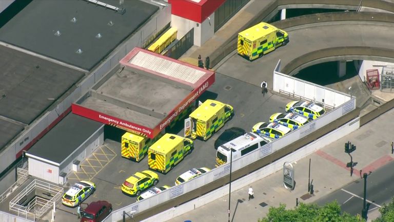 Ambulances queuing outside of St Thomas&#39; Hospital, London