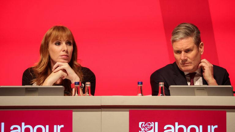Britain&#39;s Labour Party deputy leader Angela Rayner looks on next to Labour Party leader Keir Starmer, at Britain&#39;s Labour Party&#39;s annual conference in Liverpool, Britain, September 26, 2022. REUTERS/Phil Noble
