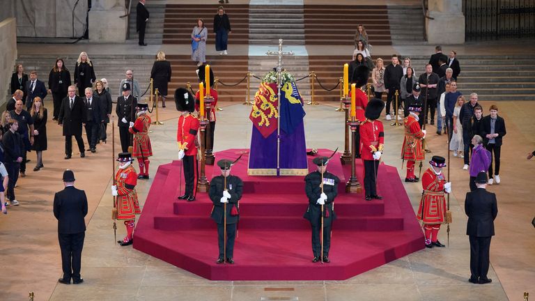 Deputy Labour leader Angela Rayner joins members of the public filing past the coffin of Queen Elizabeth II, draped in the Royal Standard with the Imperial State Crown and the Sovereign&#39;s orb and sceptre, lying in state on the catafalque in Westminster Hall, at the Palace of Westminster, London, ahead of her funeral on Monday. Picture date: Thursday September 15, 2022. Yui Mok/Pool via REUTERS
