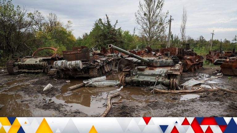 Destroyed Russian tank and Armoured Personnel Carriers (APC) are seen, as Russia&#39;s attack on Ukraine continues, in the town of Izium, recently liberated by Ukrainian Armed Forces, in Kharkiv region, Ukraine September 20, 2022. REUTERS/Gleb Garanich

