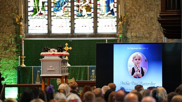 The coffin during the funeral of 12-year-old Archie Battersbee at St Mary&#39;s Church, Prittlewell, Southend-on-Sea, Essex. The young boy, who was at the centre of a life-support treatment fight during the summer, died on August 6. Picture date: Tuesday September 13, 2022.
