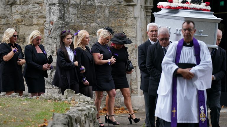 The coffin of Archie Battersbee, 12, is taken from St Mary&#39;s Church, Prittlewell, Southend-on-Sea, Essex after his funeral.