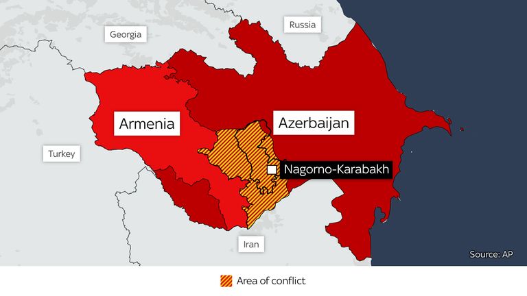 The area of conflict, Nagorno-Karabakh, in between Armenia and Azerbaijan. Pic: AP