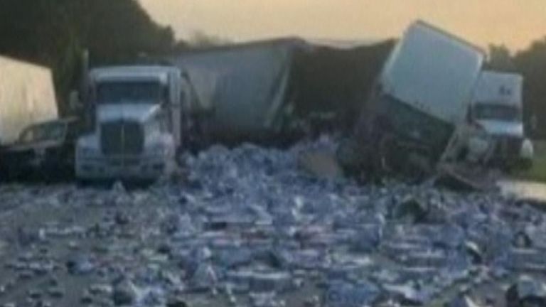 Beer is scattered all over a Florida road after several vehicles collide