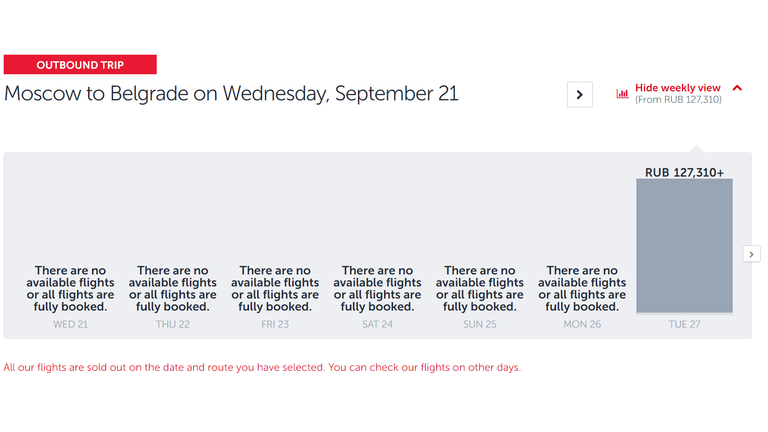 Later this morning, the Turkish Airlines site showed no available flights to Belgrade until next Tuesday. Pic: Turkish Airlines