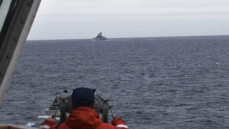 The US Coast Guard cutter Kimball observes a Chinese vessel in the Bering Sea. Pic: AP