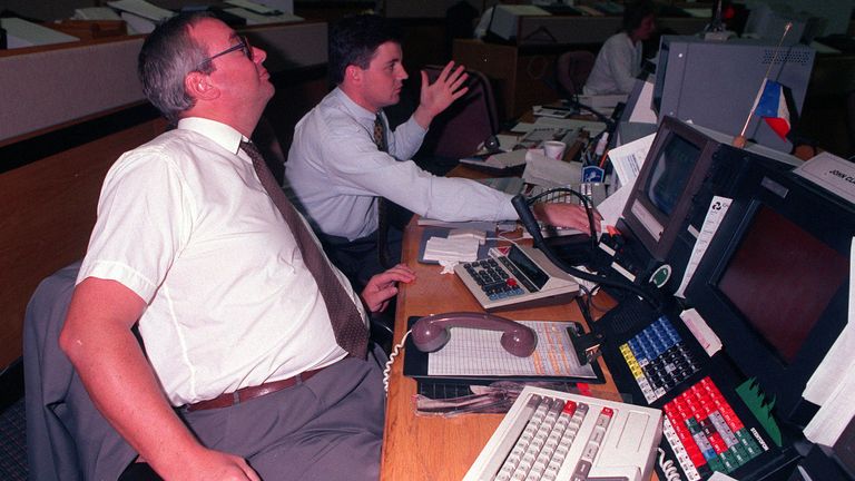 Sterling crisis: Traders at Westminster National Bank in the City of London are watching currency fluctuations in the wake of the Treasury Secretary's statement.  Read Less Photo: Neil Munz / PA Archives / PA Images Taken: August 26, 1992