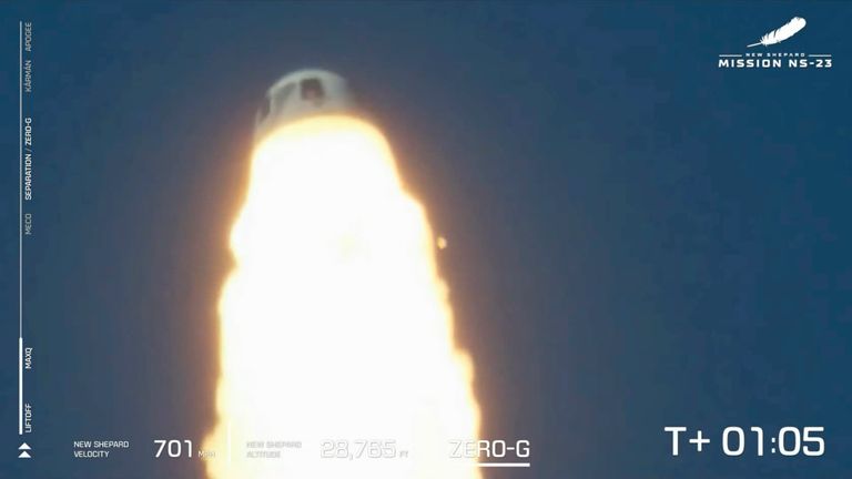 This image provided by Blue Origin shows a rocket after a launch failure on Monday, Sept. 12, 2022. Jeff Bezos&#39; rocket company has suffered its first launch failure. No one was aboard, only science experiments. The Blue Origin rocket veered off course over West Texas about 1 1/2 minutes after liftoff Monday.  
PIC:AP