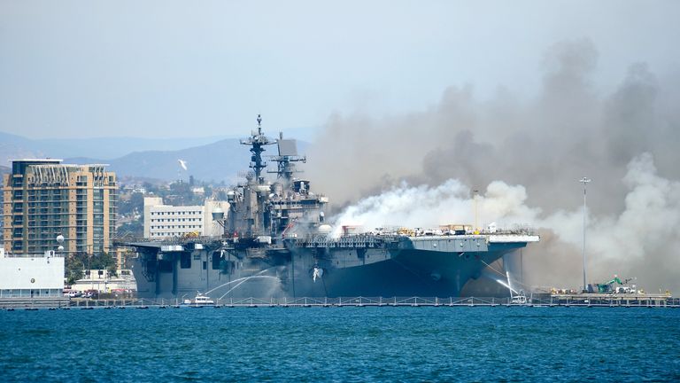 A fire on board the U.S. Navy amphibious assault ship USS Bonhomme Richard at Naval Base San Diego. Pic: US Navy