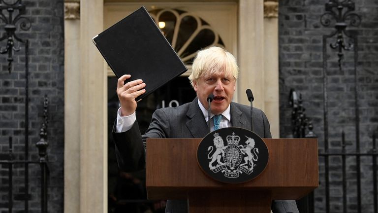 Outgoing British Prime Minister Boris Johnson delivers a speech on his last day in office, outside Downing Street, in London, Britain September 6, 2022. REUTERS/Toby Melville