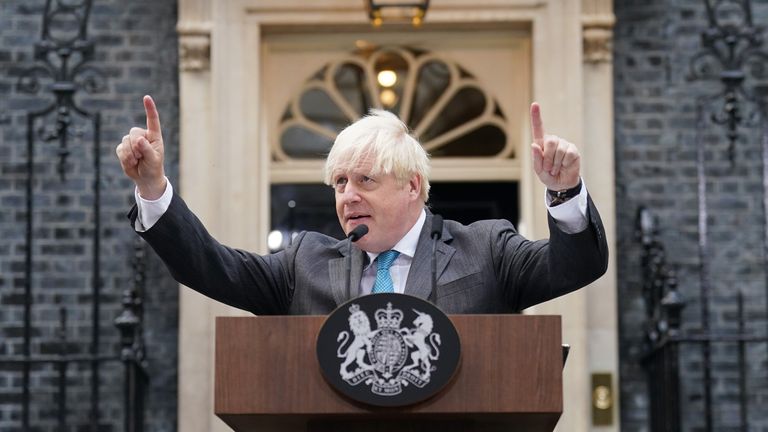 Outgoing Prime Minister Boris Johnson makes a speech outside 10 Downing Street, London, before leaving for Balmoral for an audience with Queen Elizabeth II to formally resign as Prime Minister. Picture date: Tuesday September 6, 2022.