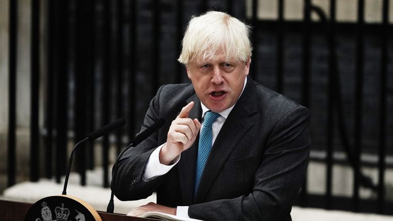 Outgoing Prime Minister Boris Johnson makes a speech outside 10 Downing Street, London, before leaving for Balmoral for an audience with Queen Elizabeth II to formally resign as Prime Minister. Picture date: Tuesday September 6, 2022.