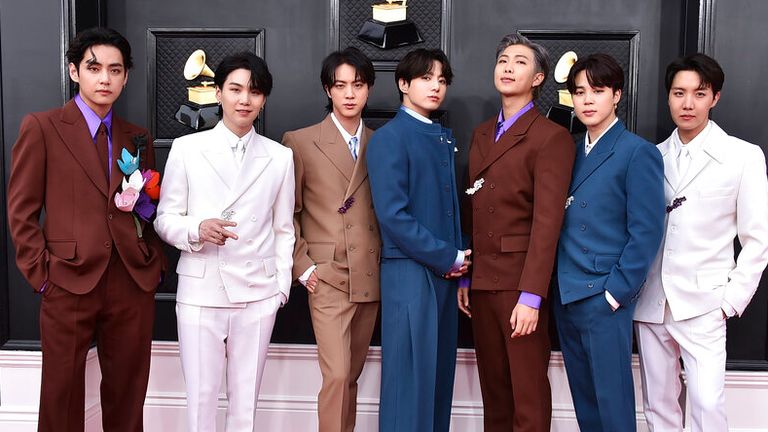 FILE - BTS arrives at the 64th Annual Grammy Awards at the MGM Grand Garden Arena on Sunday, April 3, 2022, in Las Vegas.(Photo by Jordan Strauss/Invision/AP, File)