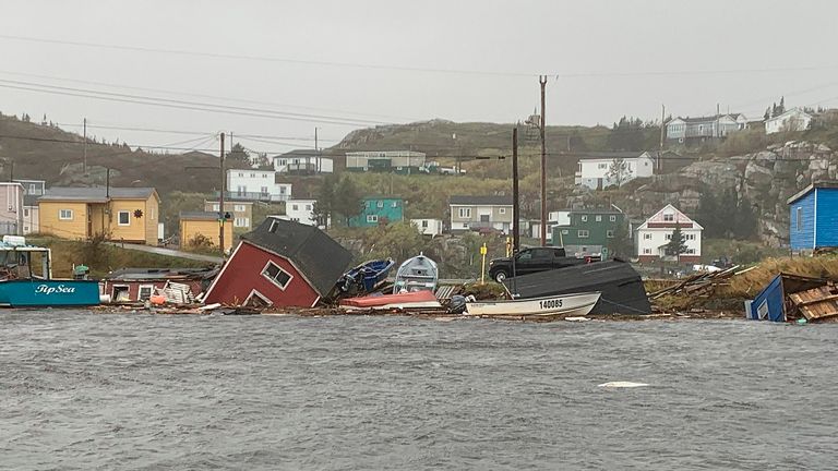 This photo provided by Pauline Billard shows destruction caused by Hurricane Fiona in Rose Blanche, 45 kilometers (28 miles) east of Port aux Basques, Newfoundland and Labrador, Saturday, Sept. 24, 2022. (Pauline Billard via AP)