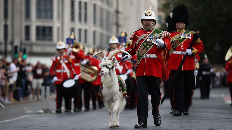 Battalion of the Royal Welsh march with their mascot ahead of the proclamation ceremony for Britain&#39;s King Charles, following the death of Britain&#39;s Queen Elizabeth, at Cardiff Castle in Cardiff, Wales, Britain September 11, 2022. REUTERS/Molly Darlington
