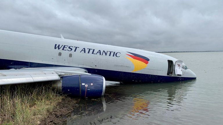 Cargo plane overruns runway.  Photo on Twitter: BEA_Aero