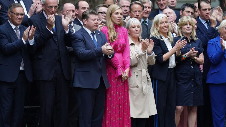 Carrie Johnson, the wife of outgoing prime minister Boris Johnson, joins well-wishers, including Nadine Dorries and Rachel Johnson in Downing Street for the speech of outgoing Prime Minister Boris Johnson before he departs for Balmoral for an audience with Queen Elizabeth II to formally resign as Prime Minister. Picture date: Tuesday September 6, 2022.