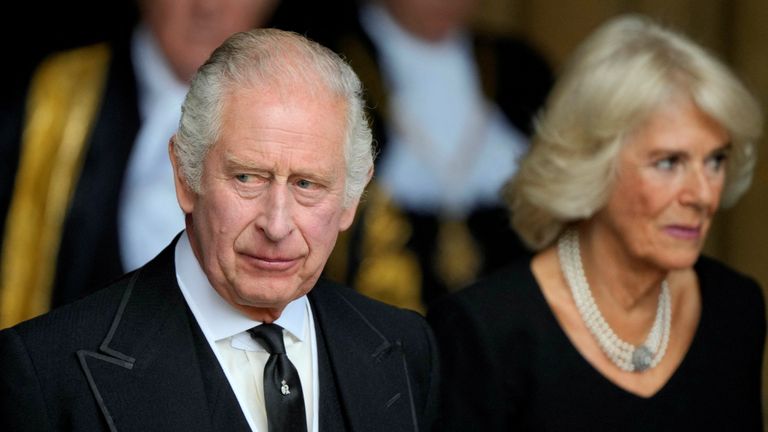 Britain&#39;s King Charles and Queen Camilla leave after attending the presentation of addresses by both Houses of Parliament in Westminster Hall, inside the Palace of Westminster, following the death of Britain&#39;s Queen Elizabeth, in central London, Britain September 12, 2022. Markus Schreiber/Pool via REUTERS