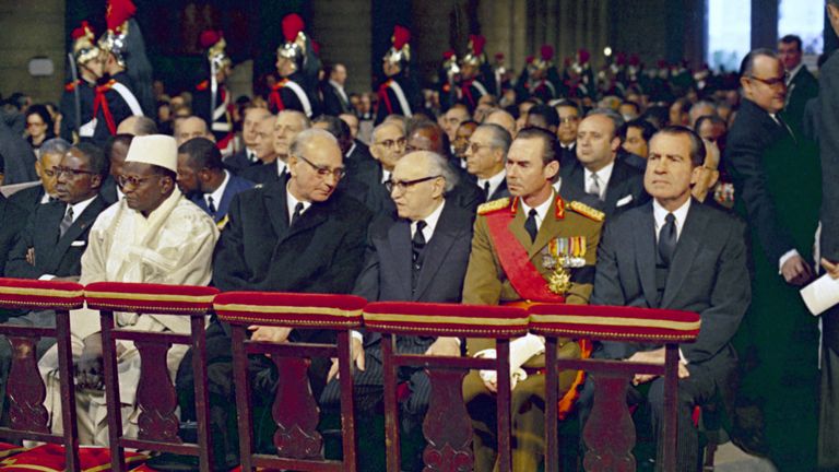 The funeral of former French President Charles De Gaulle at Notre-Dame Cathedral, Paris, France, on Nov. 12, 1970, was attended by many heads of state and members of European Royal families. President of the United States, Richard Nixon, sits right before the start of the service. (AP Photo)
PIC:AP