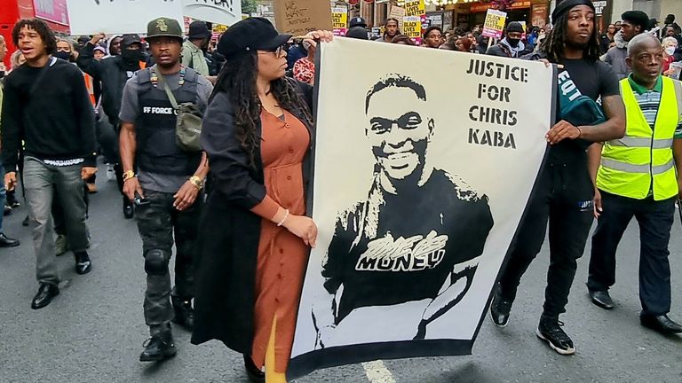 Handout photo taken with permission from the Twitter feed of @LeftUnityParty of of protesters marching to New Scotland Yard, London in a protest over the death of the rapper, Chris Kaba. Issue date: Saturday September 10, 2022.