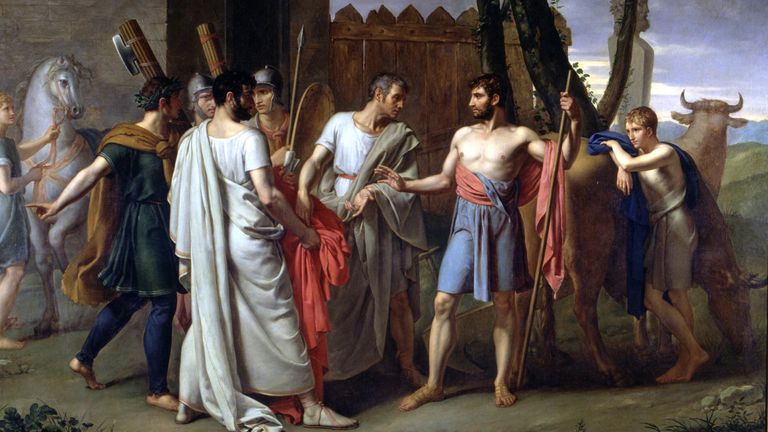 Cincinnatus leaving the plough to make laws in Rome&#39;, Lucius Quintus Cincinnatus, Roman dictator,… - Image ID: P9JH92 (RM)
