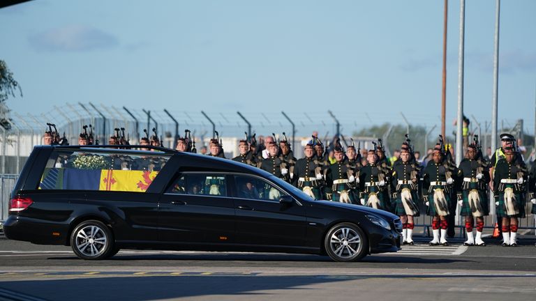 The coffin of Queen Elizabeth II at Edinburgh Airport from where it will be flown by the RAF on its journey from Edinburgh to Buckingham Palace, London, to lie at rest. Picture date: Tuesday September 13, 2022.


