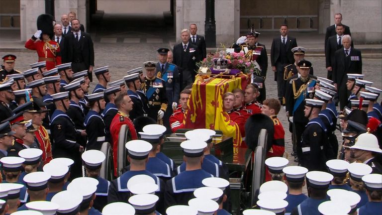 The King, members of the Royal Family, members of the King&#39;s Household and Household of the Prince of Wales will follow the coffin.